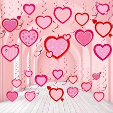 54 Pcs Valentine  s Day Hanging Decorations Pink Red Hearts Hanging Swirls Valent