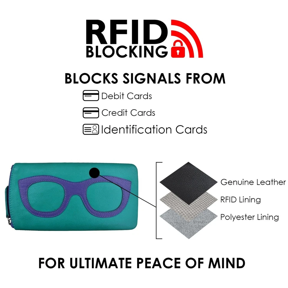 Estuche para gafas ili New York de cuero liso suave, cierre de cremallera con bloqueo RFID... Foto 3 de 4