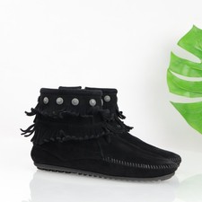 Minnetonka Womens Fringe Boots Size 8.5 Black Suede Moccasin Ankle Booties Flat