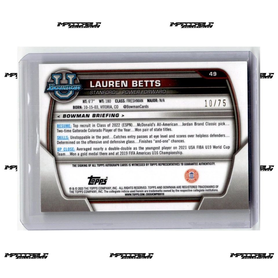2022-23 Bowman U Chrome - Yellow #49 Lauren Betts Rookie Auto /75 - Image 2 of 2