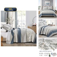 DDUOXIN 100 Cotton King Quilt - Modern Stripe Botanical Soft Bedding Set