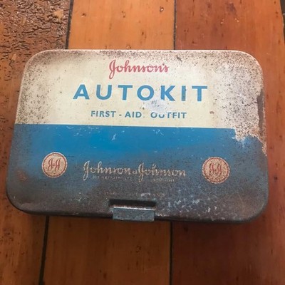 Vintage Antique Tin Johnsons First Aid Kit w Contents Antique Car Auto Nostalgia