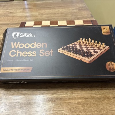 Chess Armory Wooden Chess Set Folding Board with Piece Storage New 15'' /x2 Bonus