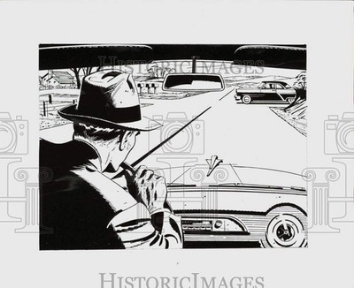 1956 Press Photo Drawing of man driving on road as another car suddenly appears