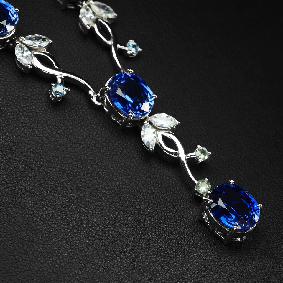 925 Sterling Silver White Gold Neckaces Classically Royal Blue Sapphire 28.40Ct - Image 2 of 4