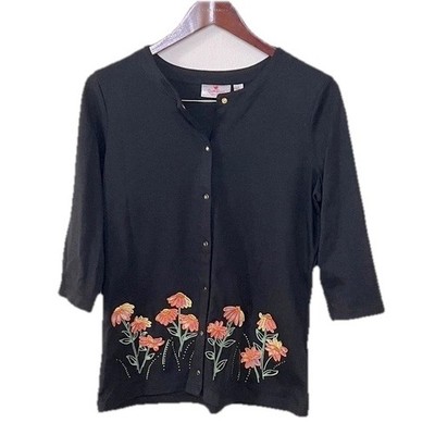 Quacker Factory by Jeanne Bice Cardigan Floral Embroidery Snap Up Size Small