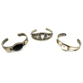 Southwest Signed Sterling Onyx Howlite Abalone Cuff Bracelet Lot of 3 #S5236 2