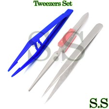 Tweezers Soldering Set 3 Pieces Includes Plastic Straight Cross-Locking