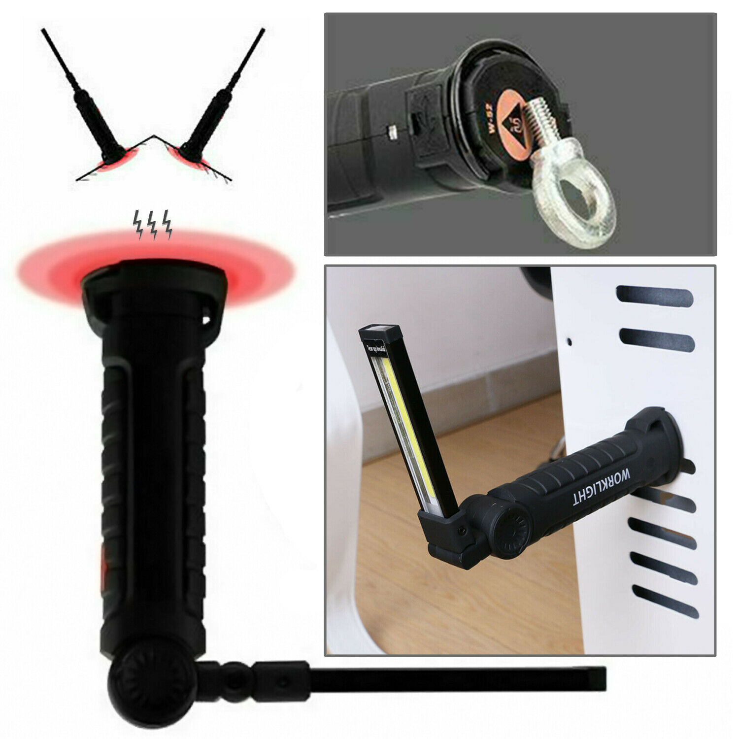 Rechargeable COB LED RED Work Light Lamp Flashlight Folding