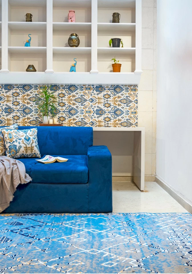 Trellis Bohemian - 3'6"x5'6" Light Blue, Moroccan Faded Transitional Rug - 511 - Image 2 of 4