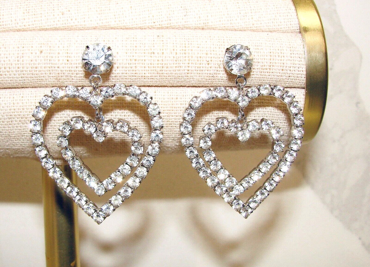 VINTAGE DOUBLE HEART BIG CLEAR RHINESTONE DIVA EARRINGS STUD DANGLE DROP View 2