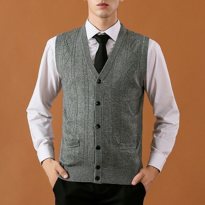Men Wool Vest Sleeveless Cardigan Jumper Slim Cable Knit Waistcoat