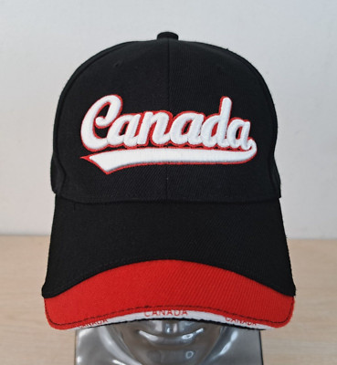 CANADA SCRIPT SPELLOUT ADJUSTABLE STRAPBACK BASEBALL HAT/CAP, BLACK/RED, OUTDOOR