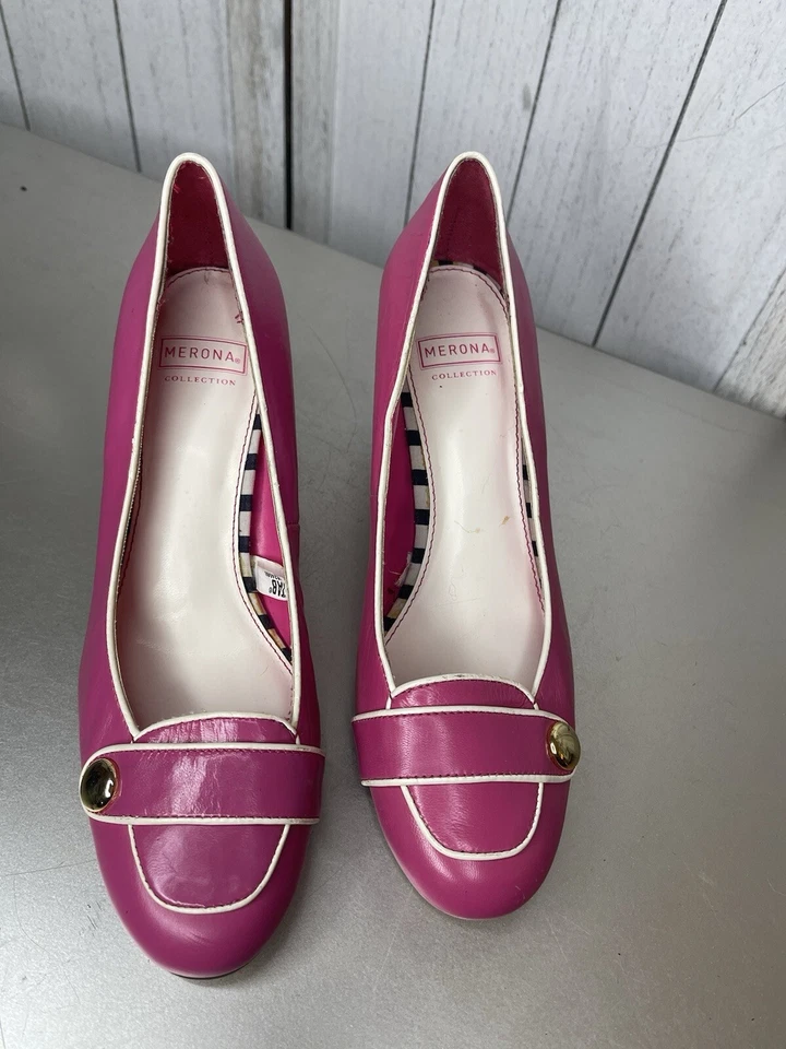 Vintage 90s Merona Pinup Pink White Heel Barbiecore Faux Leather Y2K Size 6.5 - Image 2 of 4