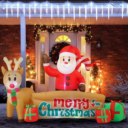 10 FT Long Lighted Inflatable Merry Christmas Sign with Santa & Reindeer - Afbeelding 1 van 7