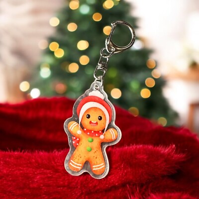 Gingerbread Bag Charm Keychain Key Fob Acrylic Christmas Gift Santa Hat Cookie