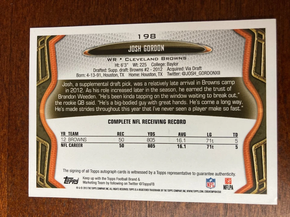 Джош Гордон Auto Topps 2013 автограф редкая вариация - Изображение 2 из 2