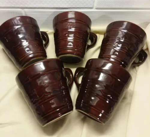 Marcrest Brown Daisy Dot Pottery One Finger Coffee Cups Mugs Lot Of 5