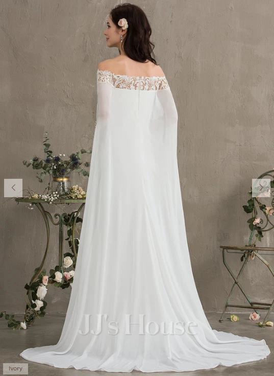 Bohemian Chiffon Wedding Dresses with Cape Lace Appliques A Line Bridal Gowns - Image 4 of 4