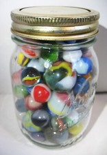 Vintage Pint Jar of 100 Marbles Including 9 Shooters .57 - .97 Inches Diameter