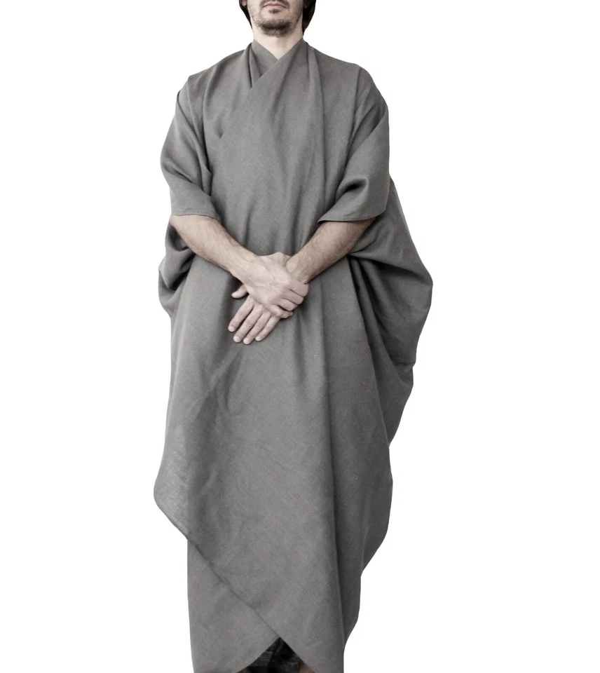 Hombres Avant Garde Lino Kimono Chaqueta Lino Poncho Capa Hombres Abrigo Boho Cárdigan Foto 3 de 4