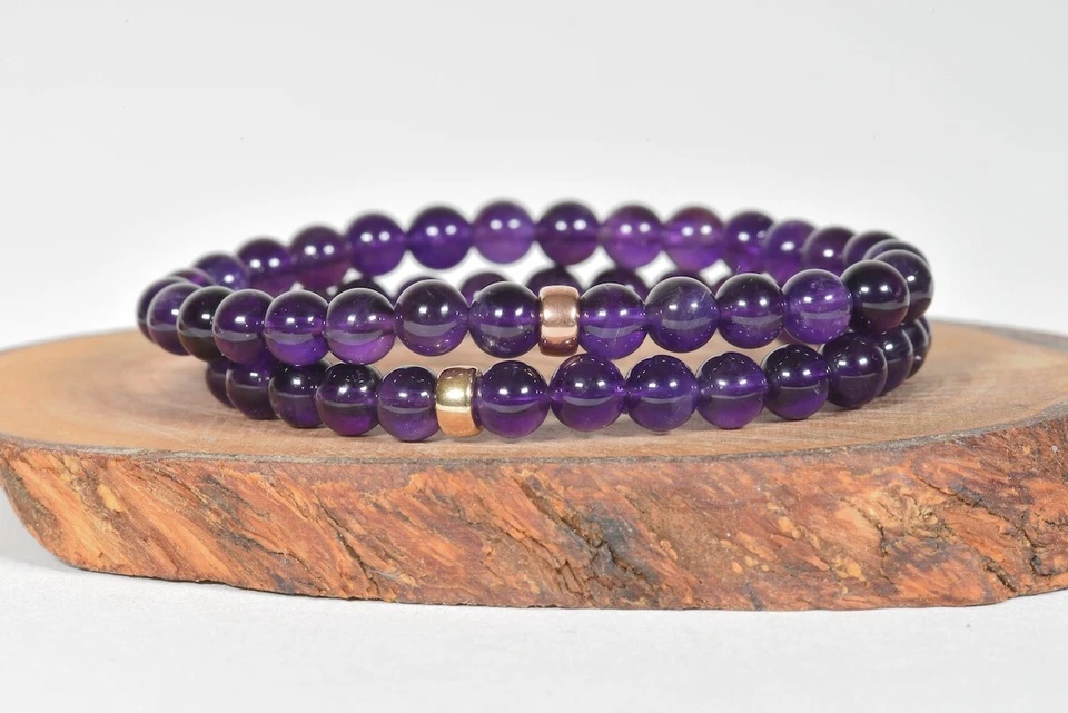 A++++ Pulseras hechas a mano con cuentas de 6-8 mm de piedras preciosas redondas lisas amatista natural de 6-8"" Foto 3 de 4