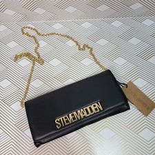 NWT Steve Madden Black Clutch Crossbody Shoulder Bag Vegan Gold Spellout
