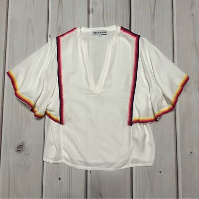 Anthropologie Teoh & Lea white with colorful trim top with flowy sleeves size XS