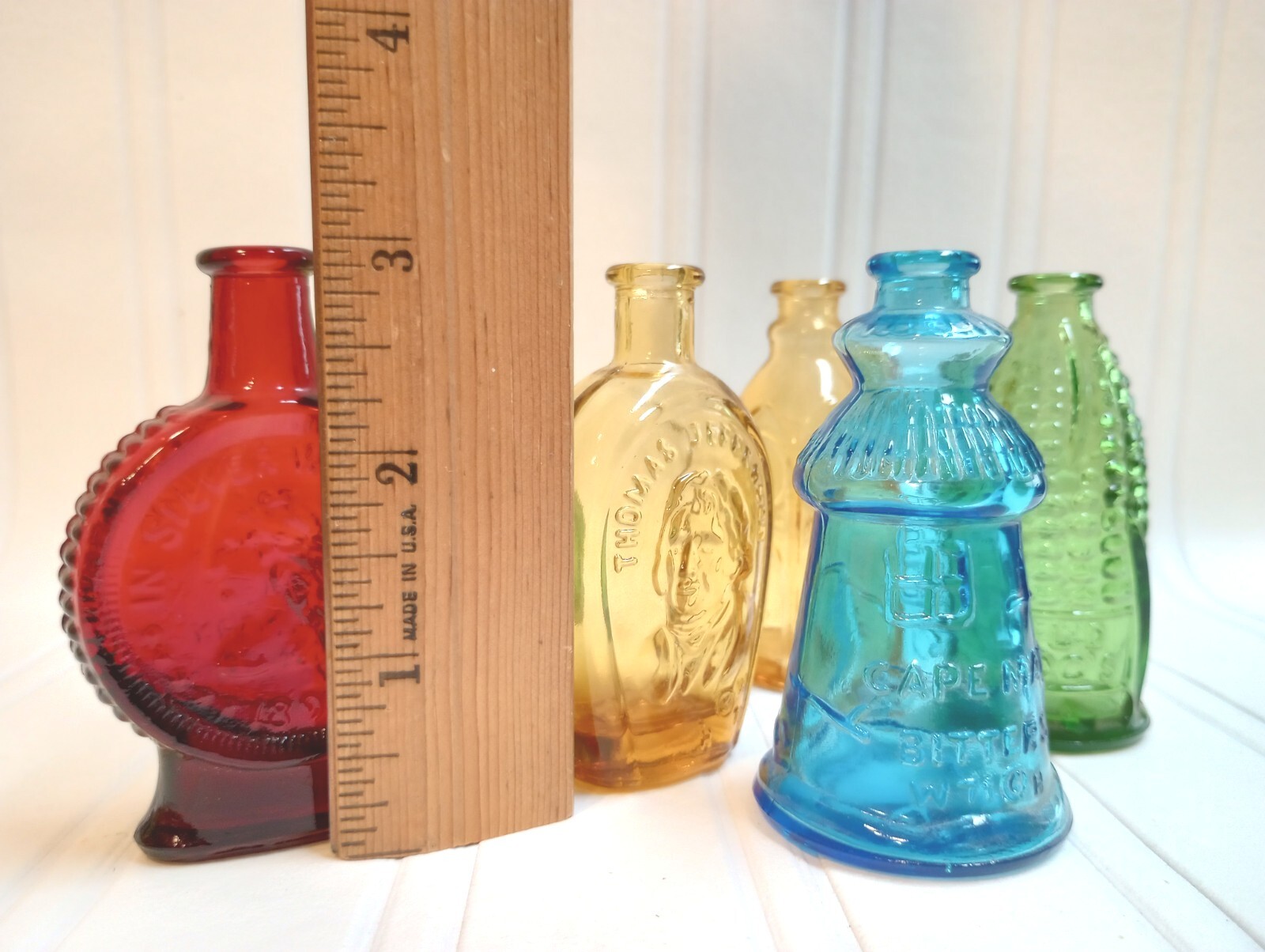 Lot Of 6 Wheaton Glass Miniature Bottles 3" Tall Green Red Blue Yellow