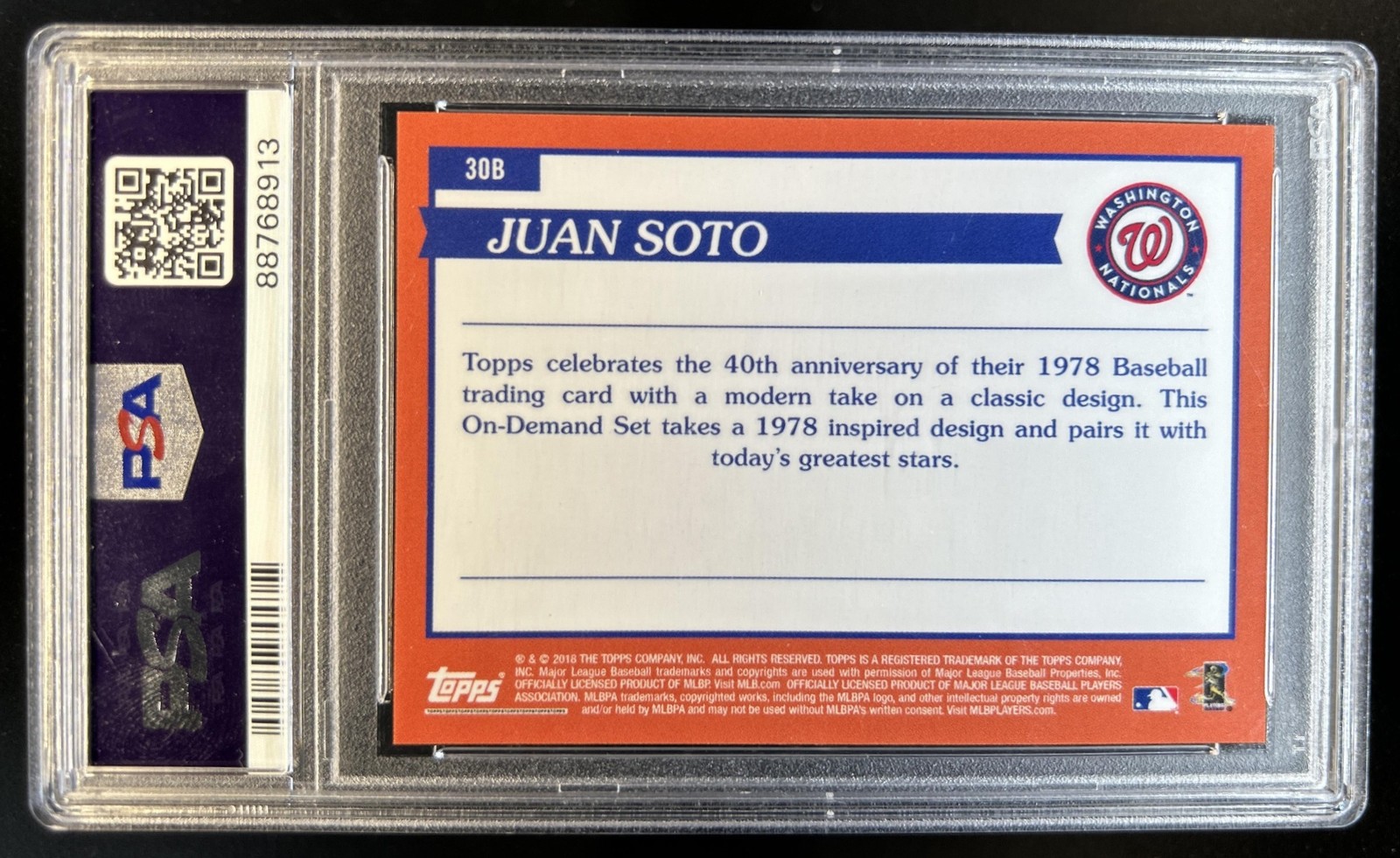 2018 Topps On Demand Juan Soto Inspired by 1978 Blue Refractor RC #30/50 PSA 10 view 2