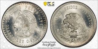 S22 Mexico 1947 Silver 5 Pesos Cuauhtemoc PCGS MS 66