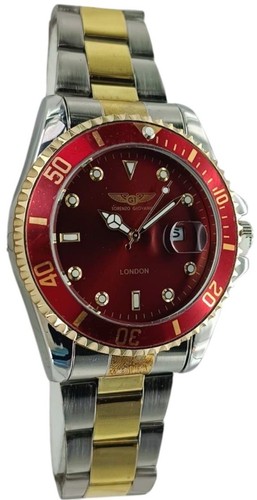 Silber & Gold Uhr rotes Zifferblatt Herren Mode Metallband Datum Analog Quarzuhr - Bild 1 von 12