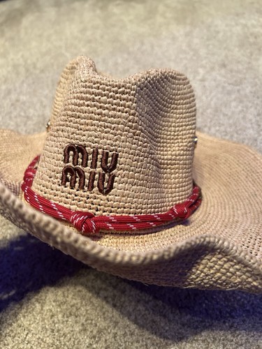 Miu Miu Straw Cowboy Summer Hat Womens One Size Embroidered Logo/Tan Color
