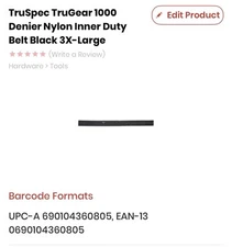 TruSpec TruGear 1000 Denier Nylon Inner Duty Belt Black  3x