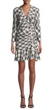Veronica Beard Rowe Ruched Plaid Dress Sz 2 Ecru & Navy Asymmetrical
