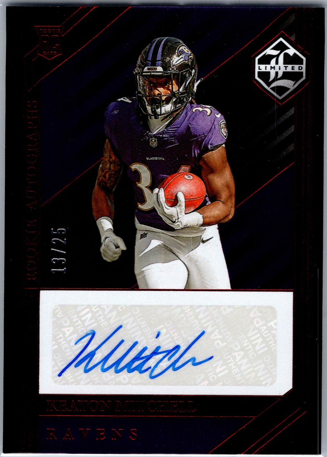 Keaton Mitchell 2023 Panini Limited #224 Ruby Spotlight #/25 Rookie Auto