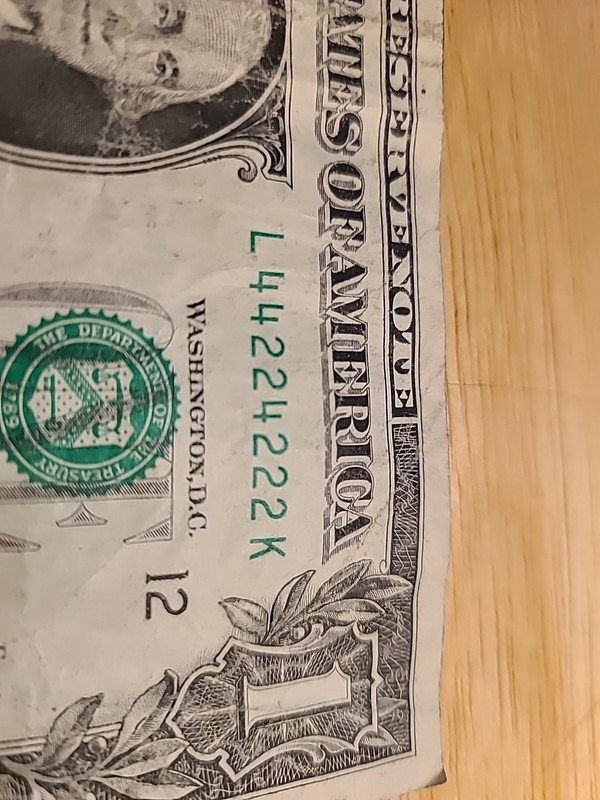 44224222. $1 FRN Fancy Binary Serial Number.