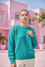 1980s Beaded Sequin CASHMERE Sweater Sz Small Aqua Blue Round Neck Barbiecore 