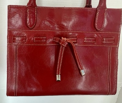 Wilsons Leather Red Satchel Tote Bag | Contrast Stitching & Front Tie Detail