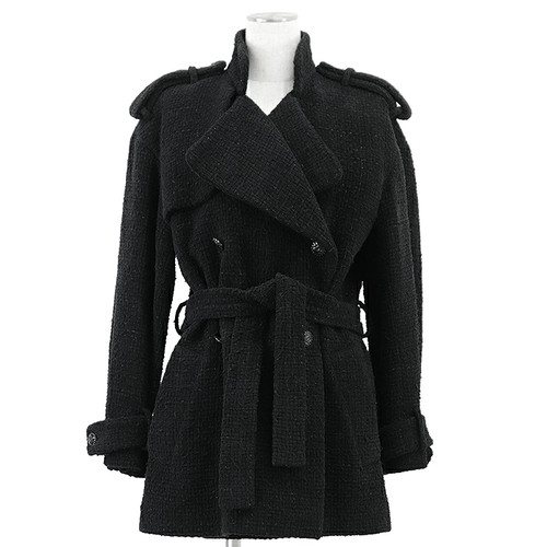 Chanel, CHANEL P73338 Tweed Belted Double-Breasted Coat Black Size 36 Made in France