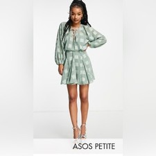 NWT ASOS DESIGN Petite plunge mini dress with godet skirt in sage green US 00