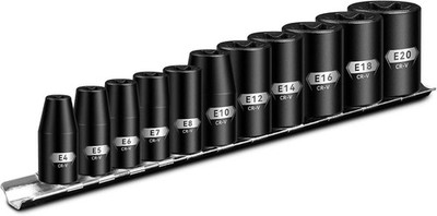 E Torx & Star Socket Set with Rail, 11-Piece Female External Sockets, 3/8'' 1/4''