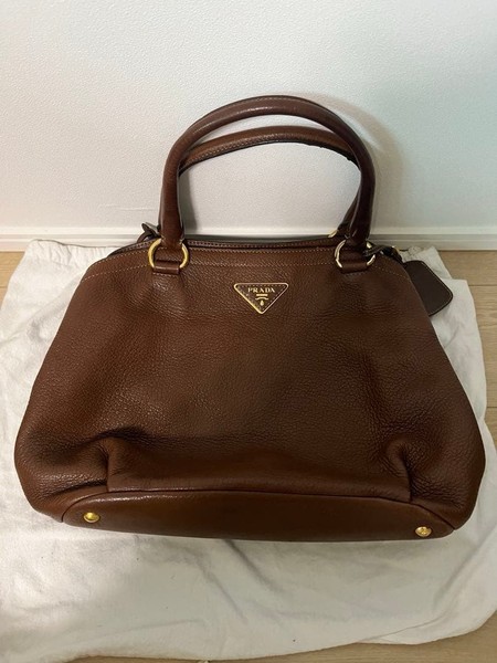Prada Cervo Lux Leather Shoulder Tote Handbag Brown