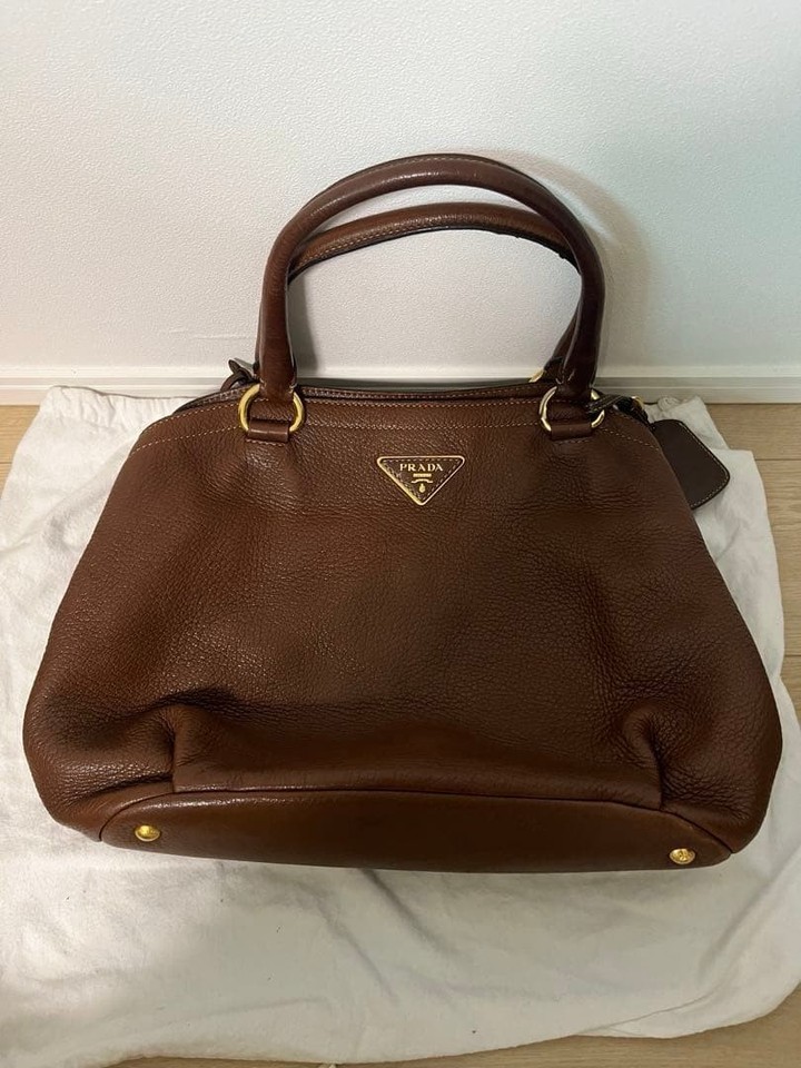 Prada Cervo Lux Leather Shoulder Tote Handbag Brown