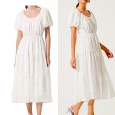 ASTR the Label White Gauze Puff Sleeved Tiered Lined Midi Dress - XS