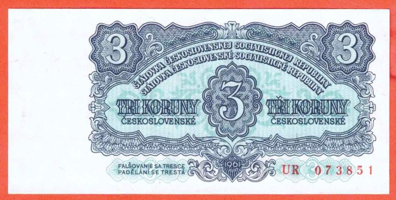 A5 - Czechoslovakia 3 Koruny 1961 Crisp Uncirculated Banknote P 82 SN: UR-073851