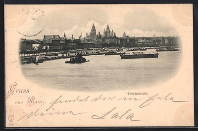 Ansichtskarte Mainz, Totalansicht mit Booten 1898 