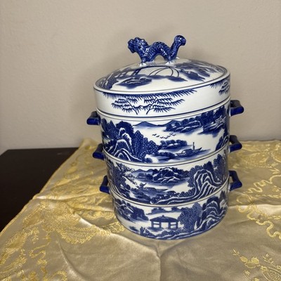 Vintage Blue Willow Tiffin Lunch Box 3 Tier Stacking Chinese Dragon Bombay Rare
