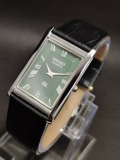 Vintage Seiko Slim Tank Quartz Men Green Dial Dress Watch-Free DDP Shipping