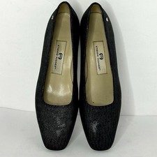Vtg Etienne Aigner Pump Women 7 Black Herringbone Leather Block Heel Square Toe